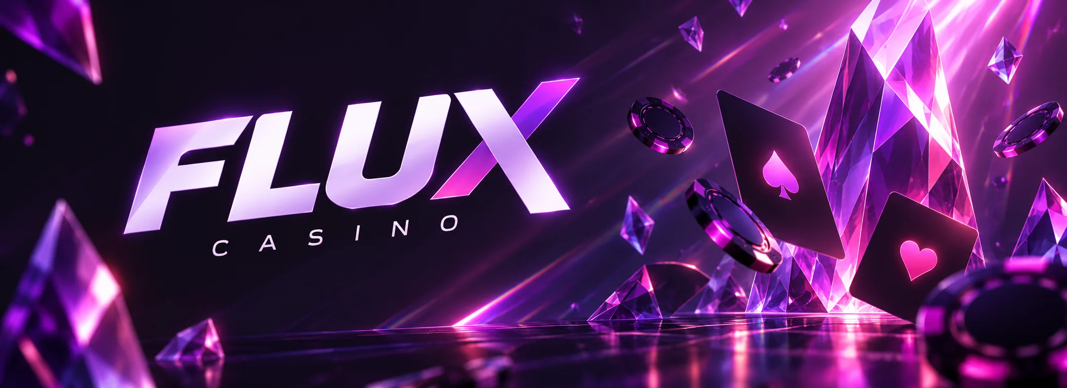 Flux Casino UK banner with the FLUX wordmark in violet and magenta on a deep plum background